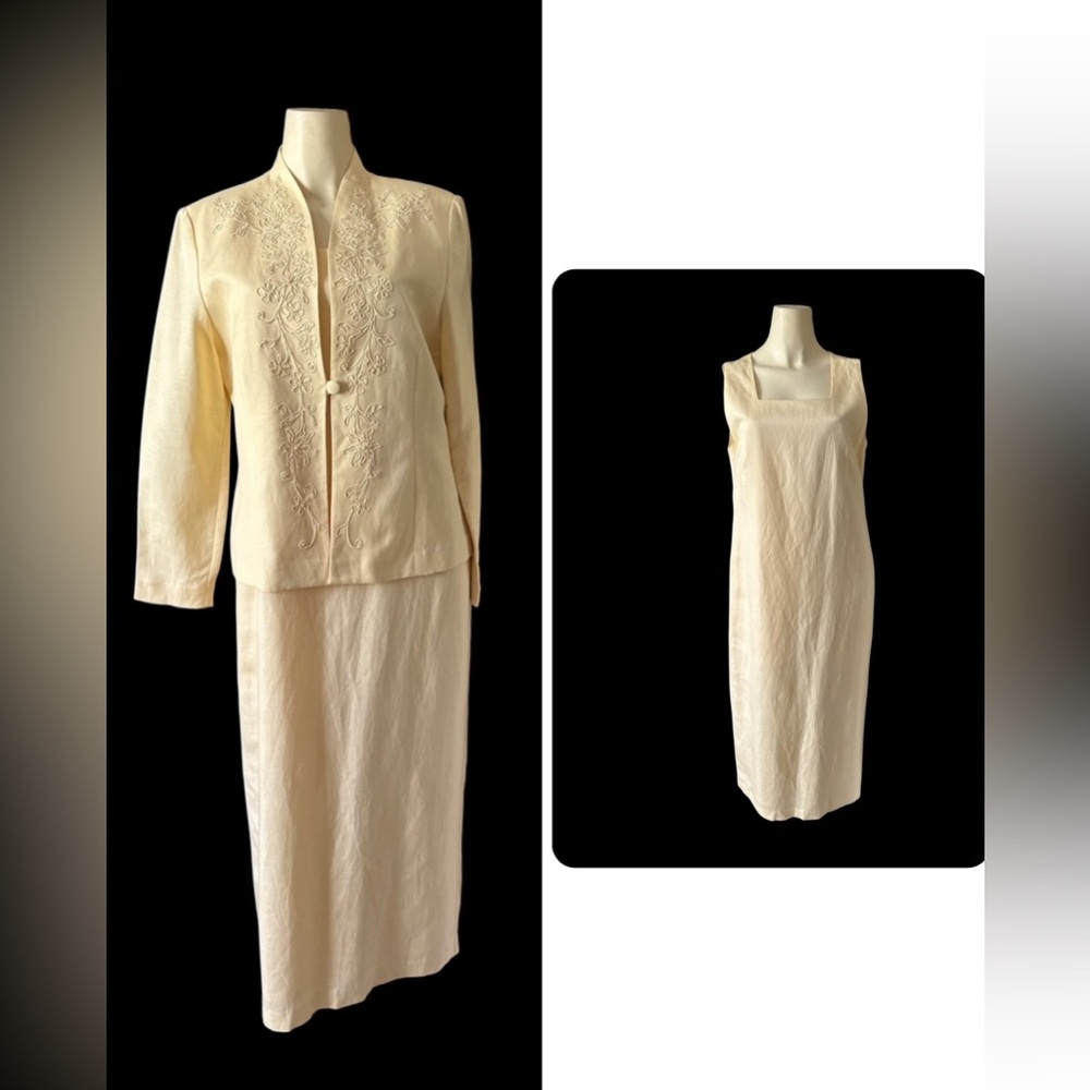 Vintage Jessica Howard 2pc light yellow Embroidered Jacket & Maxi Dress women 12